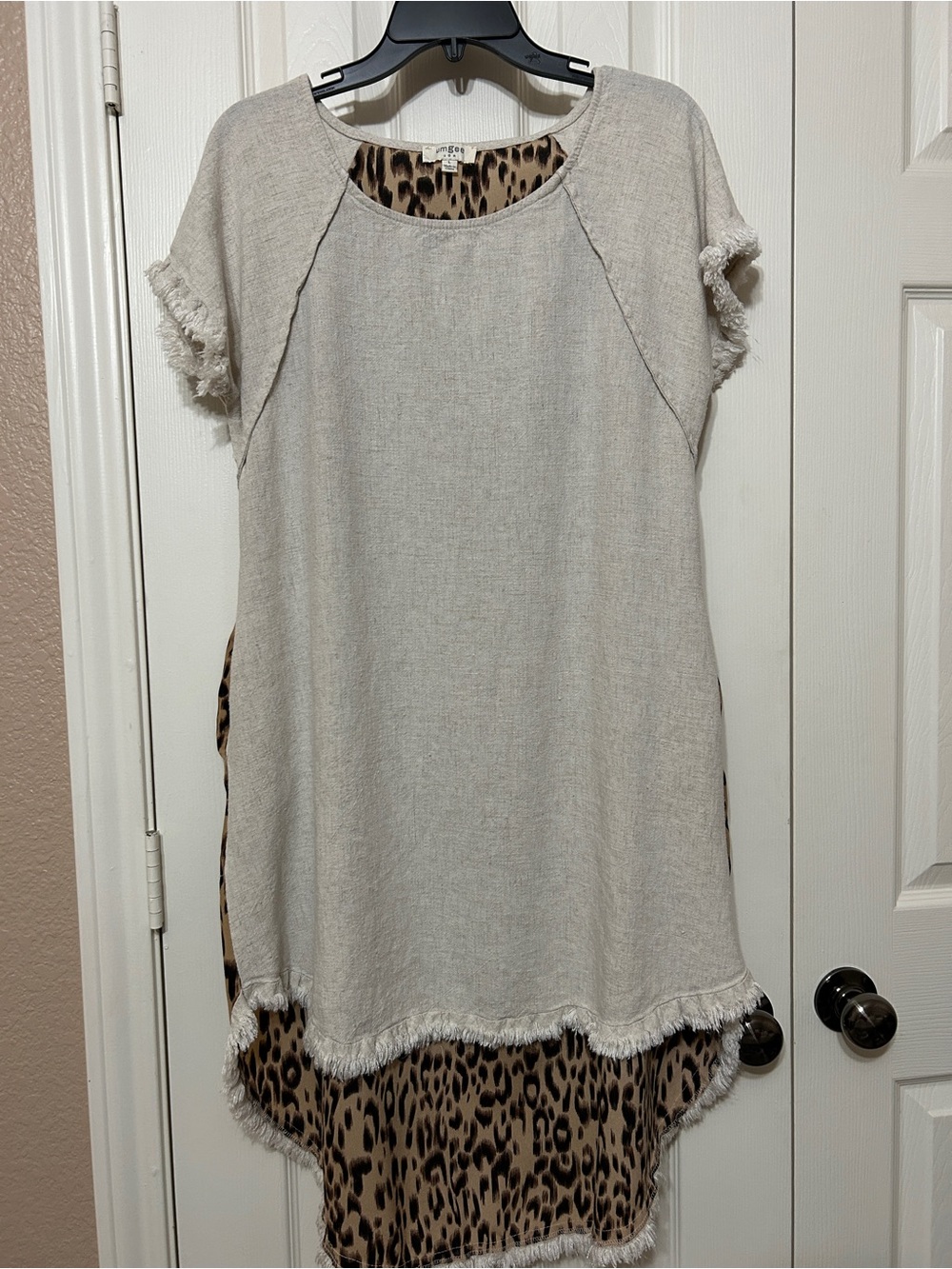 Umgee Cream Tunic Dress with Fringe Hem and Leopard-Print Back